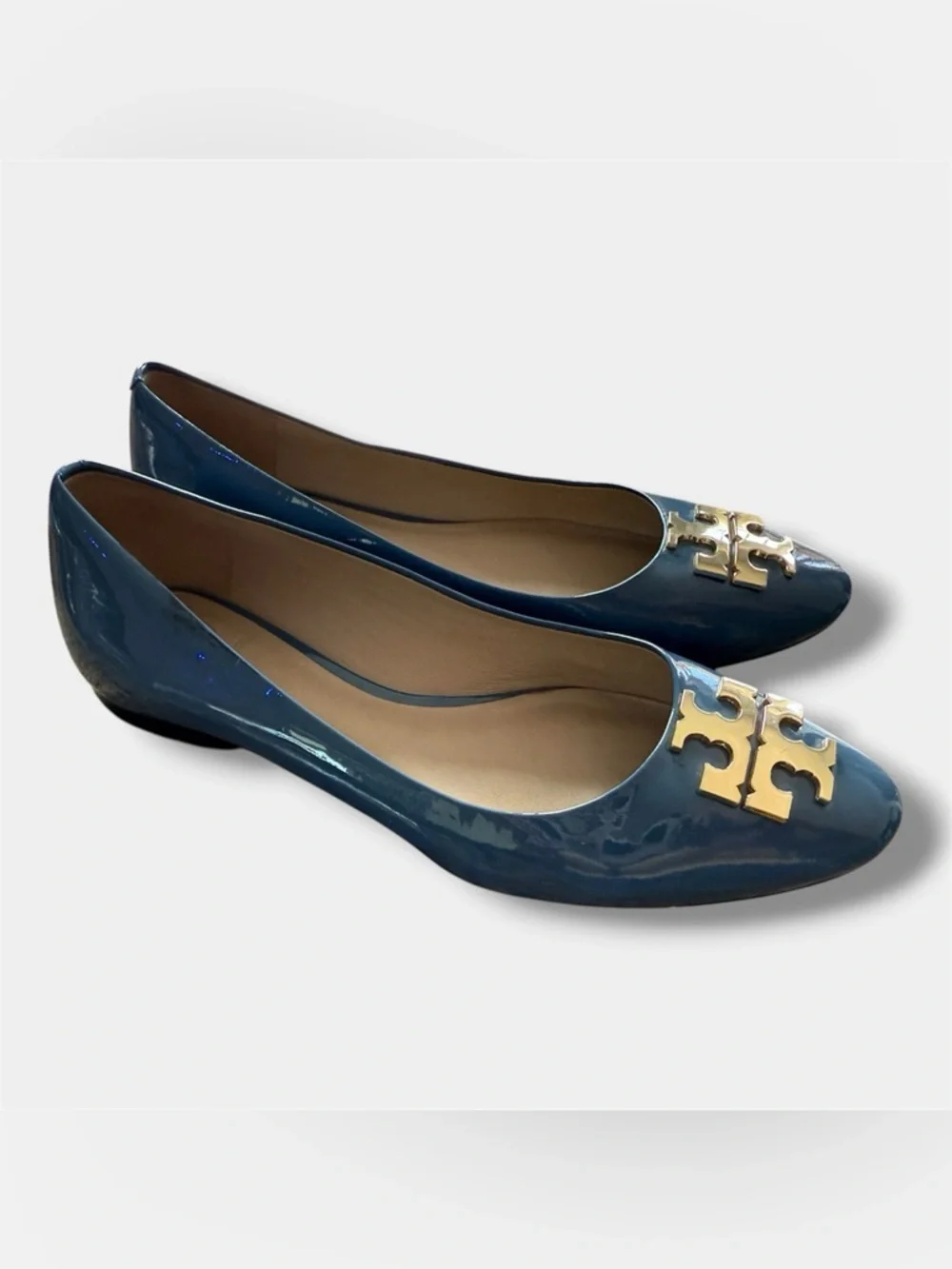 Tory Burch Reva Flats Blue Patent Leather Gold Logo Ballet Shoes Women’s 7M
